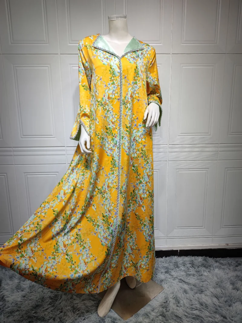 Eid Muslim Women Dress Abaya Morocco Party Dresses Abayas Floral Lapel Prayer Long Sleeve Robe Ramadan Musulman Maxi Vestidos