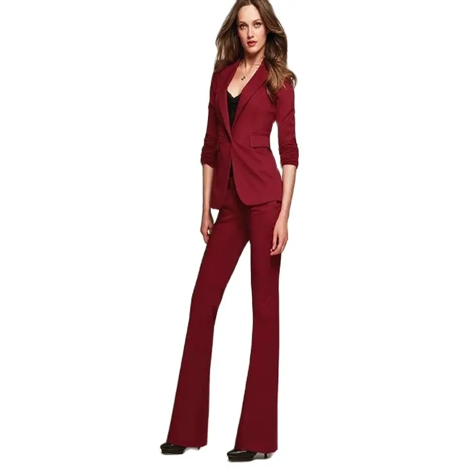 

Long Sleeved One Button Business Women Custom made Wine Red Slim Fashion Office Lady Formal Work Suits Jacket +Pants