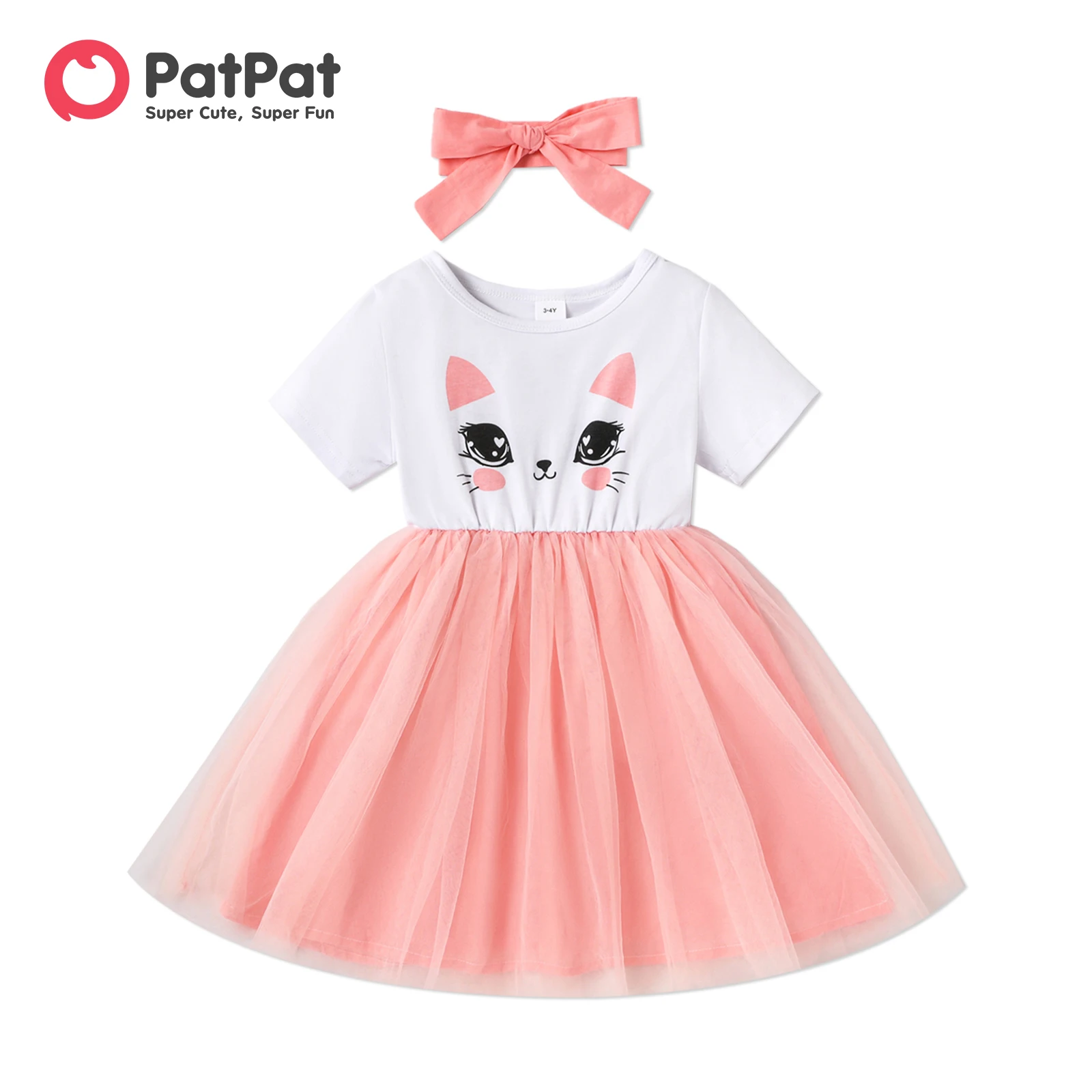 

PatPat Toddler Girl Sweet Cat Print Mesh Overlay Short-sleeve Dress