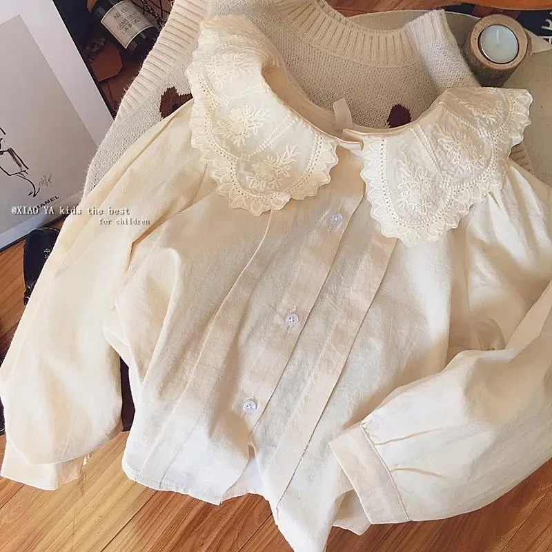 

Однотонная кружевная белая блузка из 100% хлопка на весну, летняя полосатая рубашка, корейские топы для малышей с длинным рукавом, милые Рубаш...