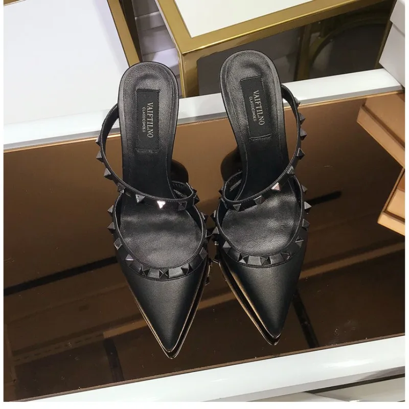 Genuine Leather Gladiator Pumps Sandals Luxury Metal Rivets Summer Women Outdoor Slippers Black Fashion Ankle Strap High Heels41