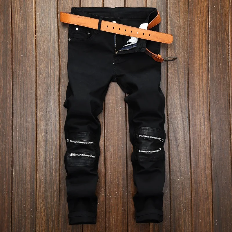 Cross-Border Supply Foreign Trade Black Zipper Decorations Casual Pants Men's Elastic Patch Slim Straight European and American