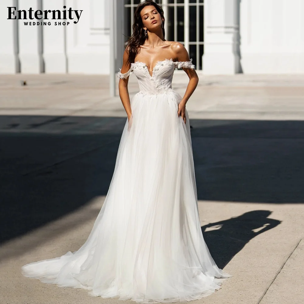 

Demure Sweetheart A Line Wedding Dress Off The Shoulder Appliques Bridal Gown 3D Flowers Backless Sweep Train Vestidos De Novia