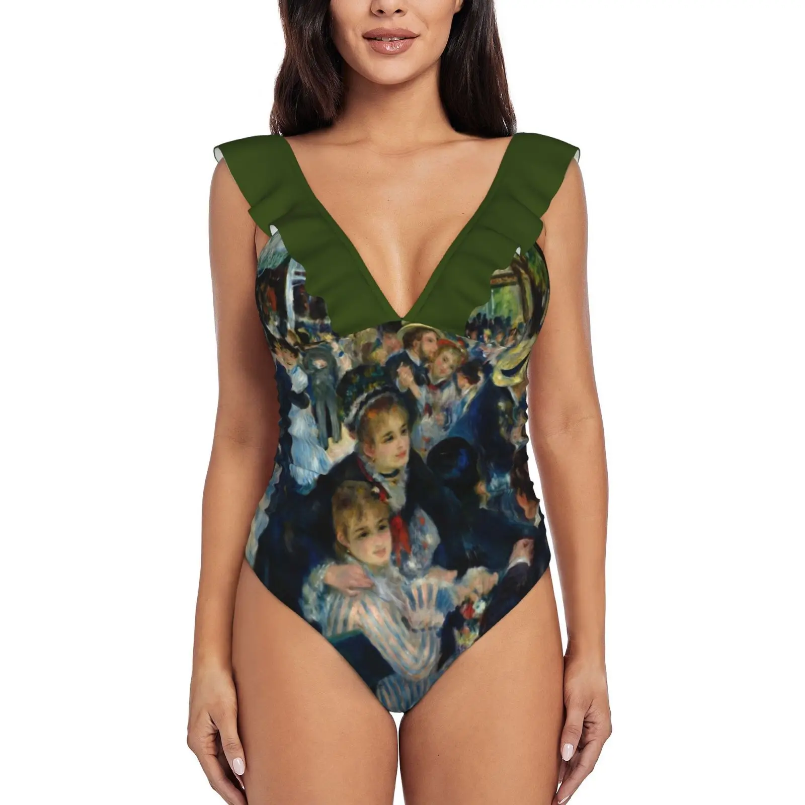 Renoir-Dance At Le Moulin De La Galette , 1876 Ruffle Swimwear Women One Piece Swimsuit Monokini Push Up Bathing Suit Beachwear