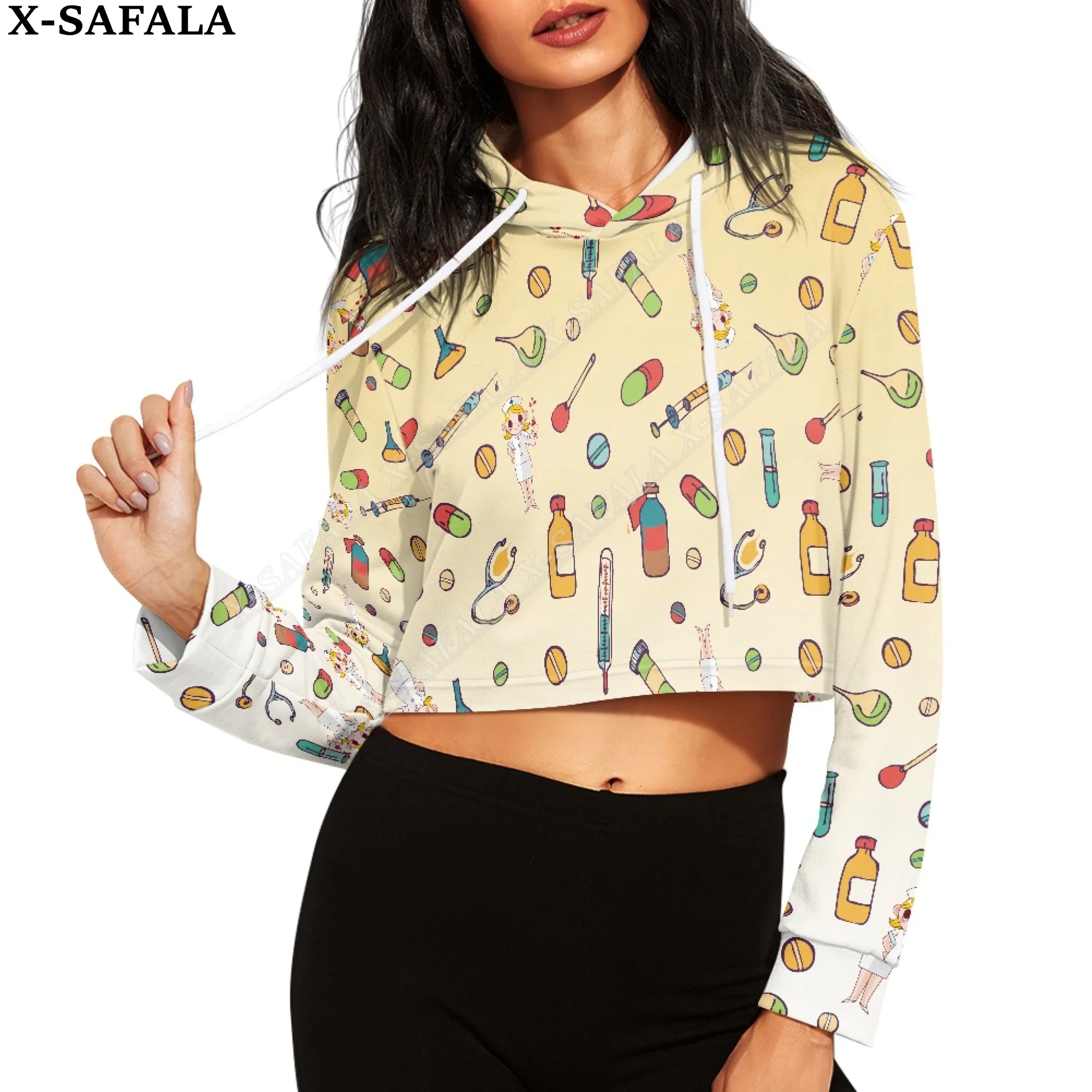 

Nurse Life Medical Tool Print Women Crop Top Hoodie Casual Long Sleeve Hooded Short Sweatshirt Sexy Streetwear Drawstring-3