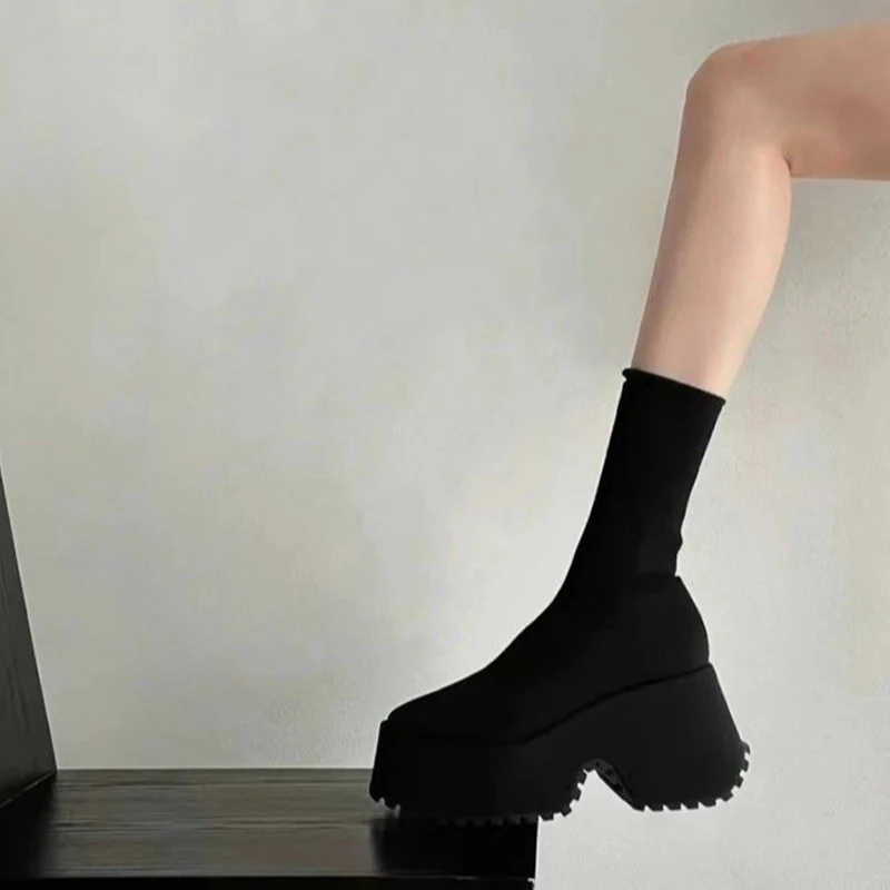 Женские замшевые ботинки-носки до середины икры зимняя Дизайнерская обувь на