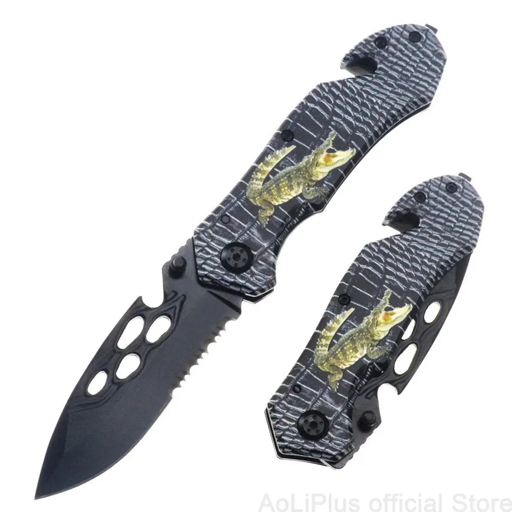 

3D Print Tech Crocodile Survival Folding Camping Knife Sharp Blade Bottle Opener Glass Breaker Outdoor Hunting EDC Tactical Tool