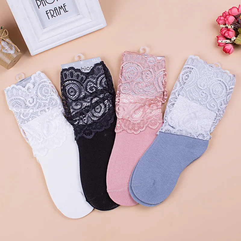 Women's Black Lace Stockings Transparent Ankle Lace Stockings Pure Cotton Japanese Style Princess Socks Lolita Lady Cute Socks