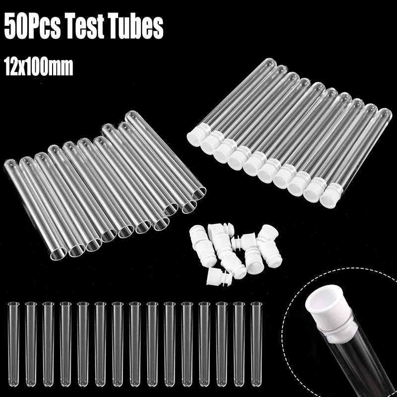 

50Pcs Clear Plastic Test Tube With Cap 12x100mm U-shaped Bottom Long Transparent Test Tube Lab Supplies