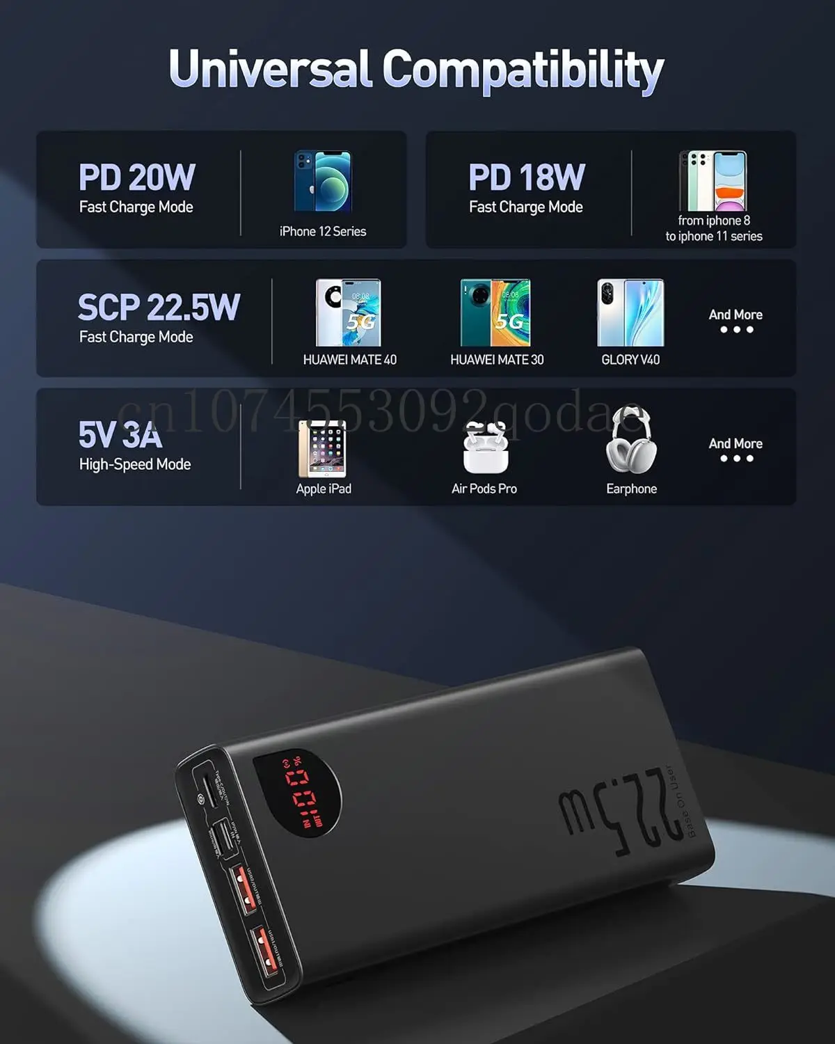 Внешний аккумулятор 22 5 Вт 20000 мАч быстрая зарядка USB C портативный для планшетов