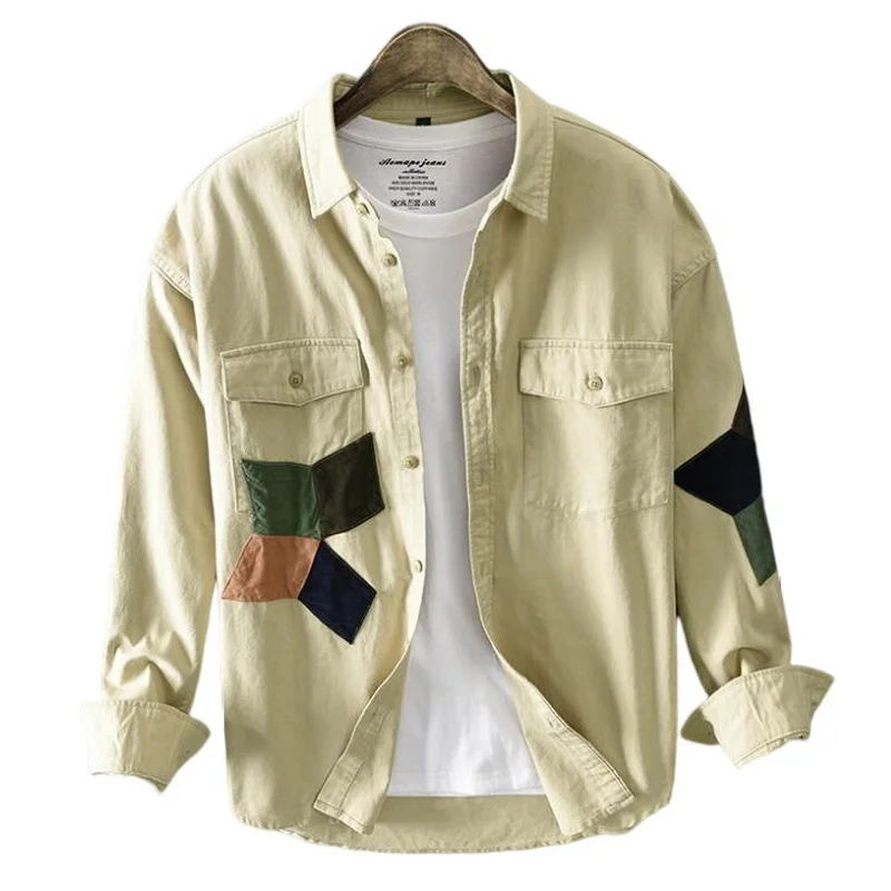 Men Shirts Personalized Stitching Casual Cotton Shirts Men's Youth Cotton Patches Long Sleeve Loose Shirts