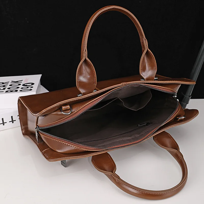 Korean Men's Handle Briefcase Horizontal Square Type Shoulder Crossbody Bag Business Laptop Bag 14  inches Retro Messenger Leath