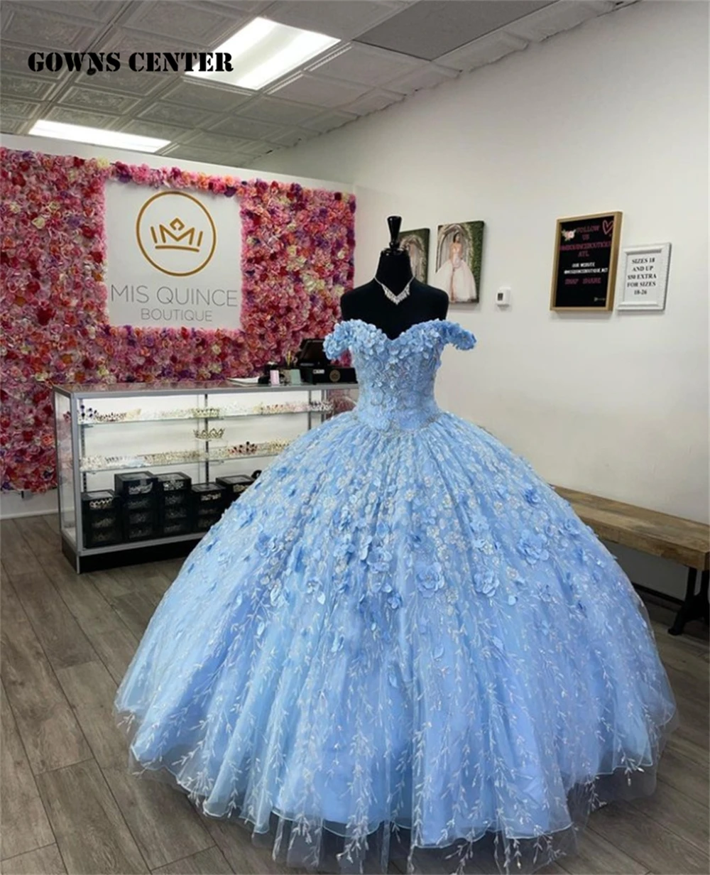 

Leaves Applique Light Blue Ball Gown Quinceanera Dress Off The Shoulder Beaded Sweet 15 16 Dress Corset Vestidos De 15 Años