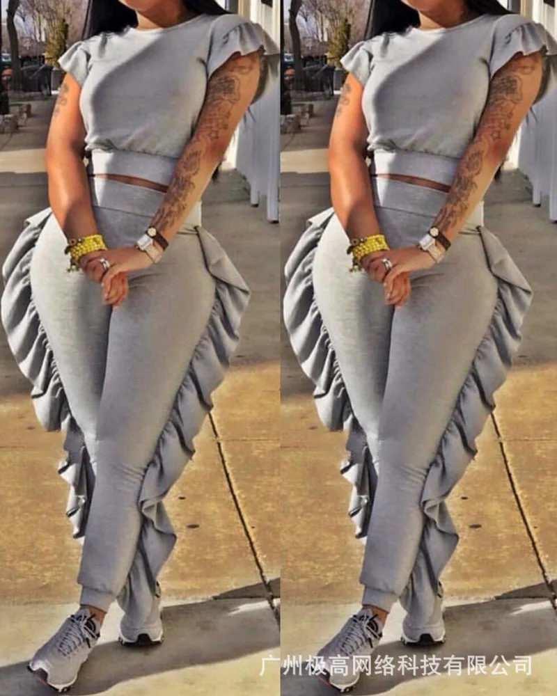 

Женский комплект из топа с оборками на Подоле и брюк с высокой талией, Однотонная футболка с оборками, топы с круглым вырезом и длинные брюки до щиколотки, весна-лето