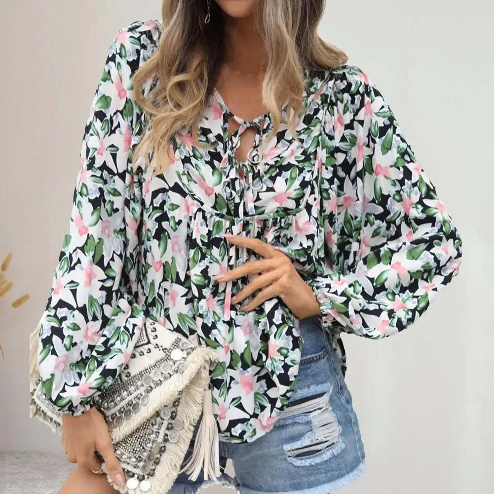

Summer Shirt U Neck Breathable Long Lantern Sleeves Sexy Lace-up Leisure Wear Pullover Floral Printed Loose Women Blouse Shirt