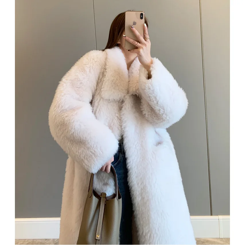 Lamb wool, sheep shearing coat, women's fur, women's medium length, loose