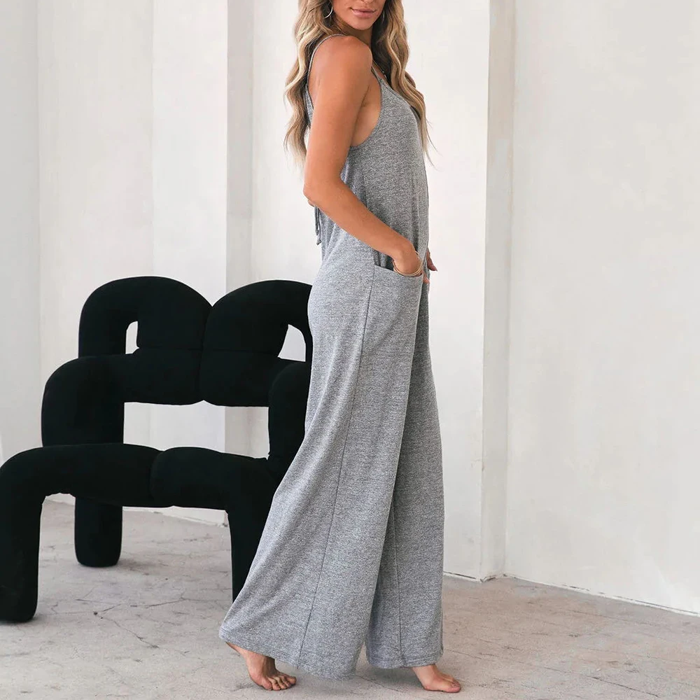 Jumpsuit For Women 2022 Fashion Grey Pocket Design Spaghetti Strap Casual Home Daily Chic Loose Wide Leg Cami Jumpsuit