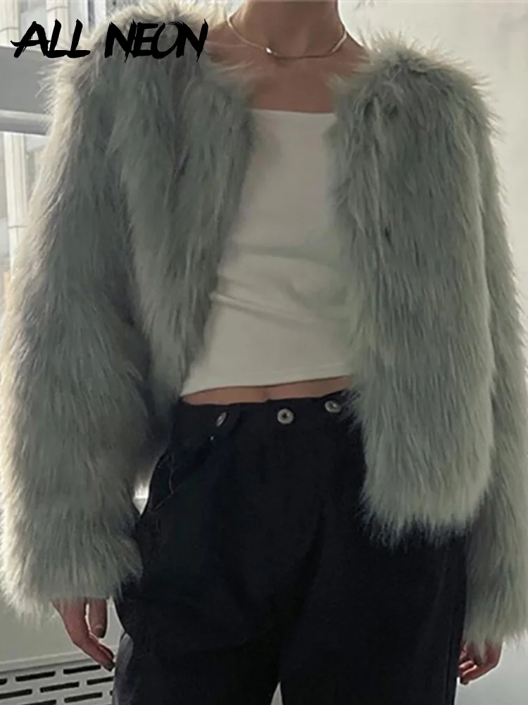 ALLNeon Winter 2022 Vintage 90s Solid Basic Fake Fur Coats Y2K Clubwear Shaggy O-neck Long Sleeve Cropped Jackets Women Cardigan