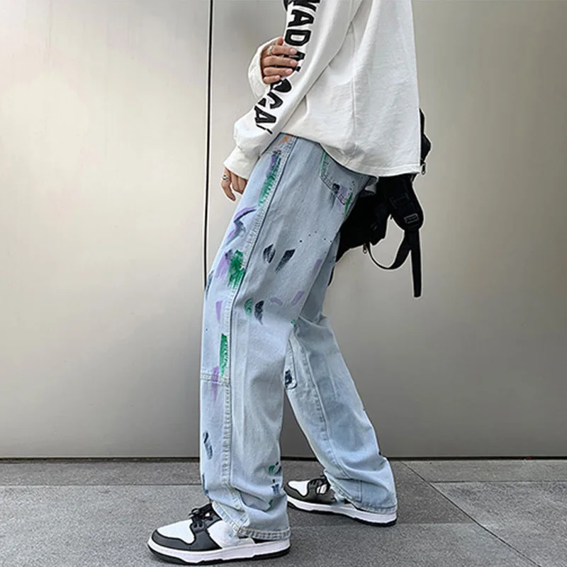 White Men's Jeans Fashion Graffiti Straight Pants High Street Nine Point Denim Trousers Vintage Y2k Clothes Casual Male Bottoms