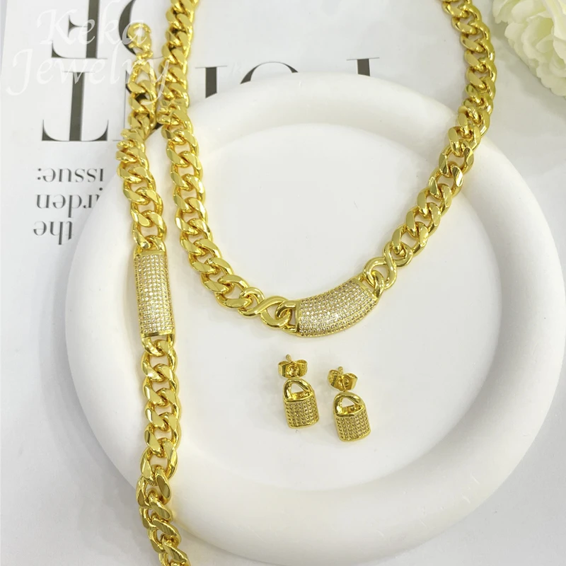 

18K Gold Color 3A Zircon Jewelry Set for Women Wide Chain Necklace Bracelet Earrings Dubai Fashion Wedding Jewelry Accessories