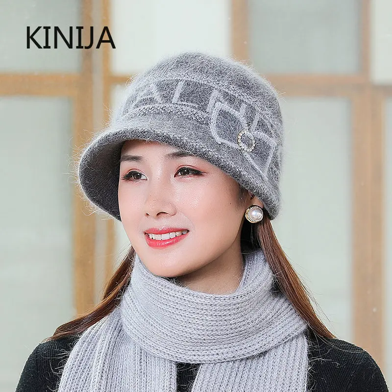 Winter Plush Knitted Bucket Hat for Women Female Outdoor Warm Coldproof Ear Protection Rabbit Fur Hat Fashion Beanies for Mom