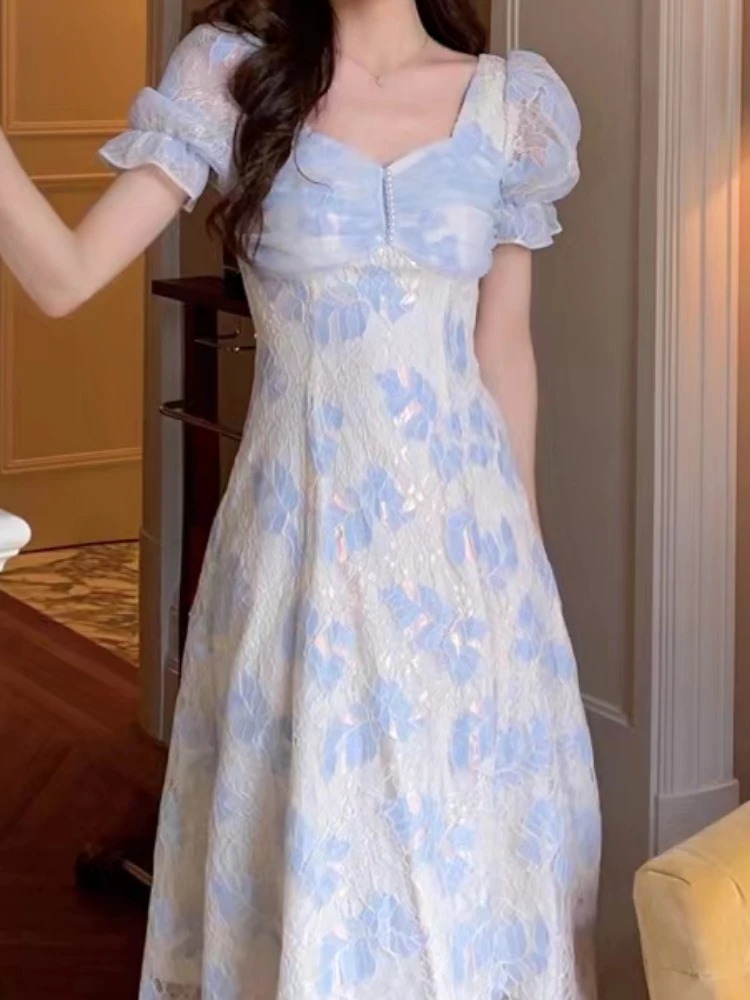 

Summer Glitter Floral Elegant Midi Dress Women Casual Puff Sleeve Sweet Princess Dress Female Slim Fit Lace Vacation Dress 2022