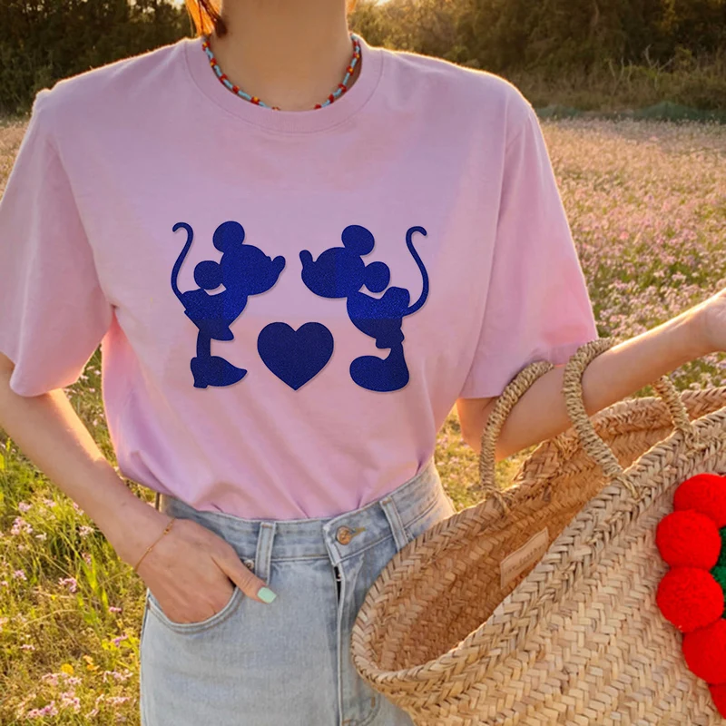

Disney Blue Mickey Mouse Donald Duck Print Pink Sweet Girl T-shirts O-neck Short-sleeve Casual Loose Tees 2022 Clothes For Women
