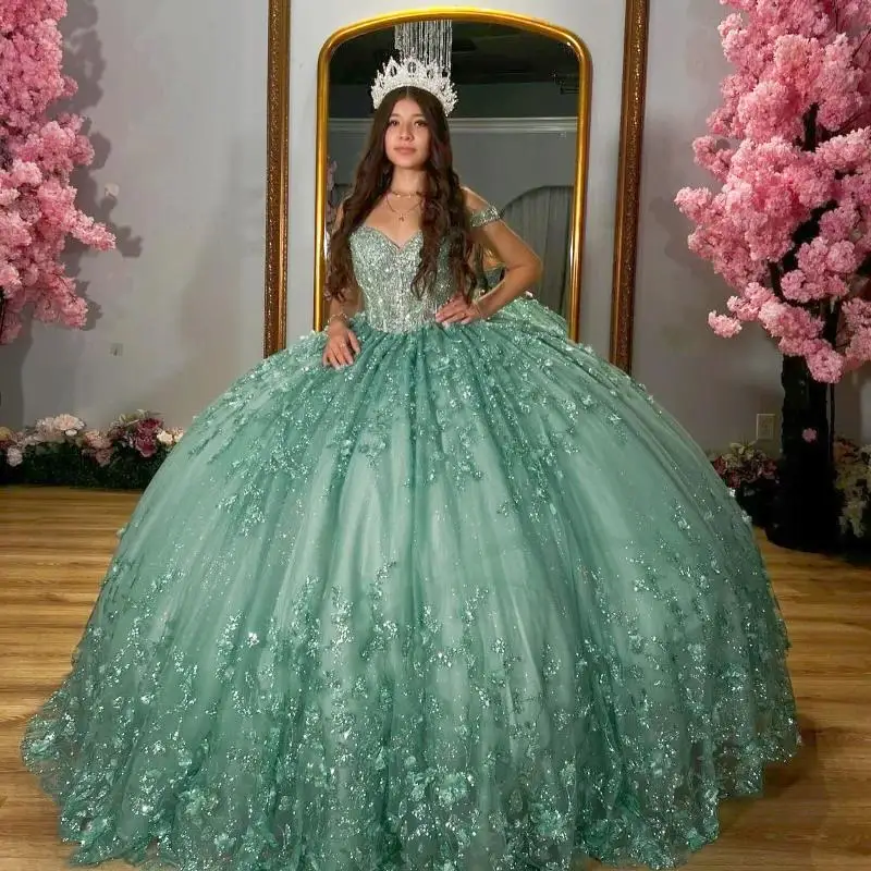 Блестящие мятно-зеленые платья принцессы Quinceanera с открытыми плечами бальное