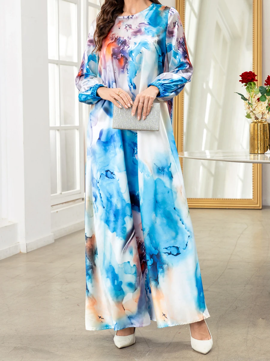 Женское богемное длинное платье-кафтан халат с длинным рукавом и круглым вырезом