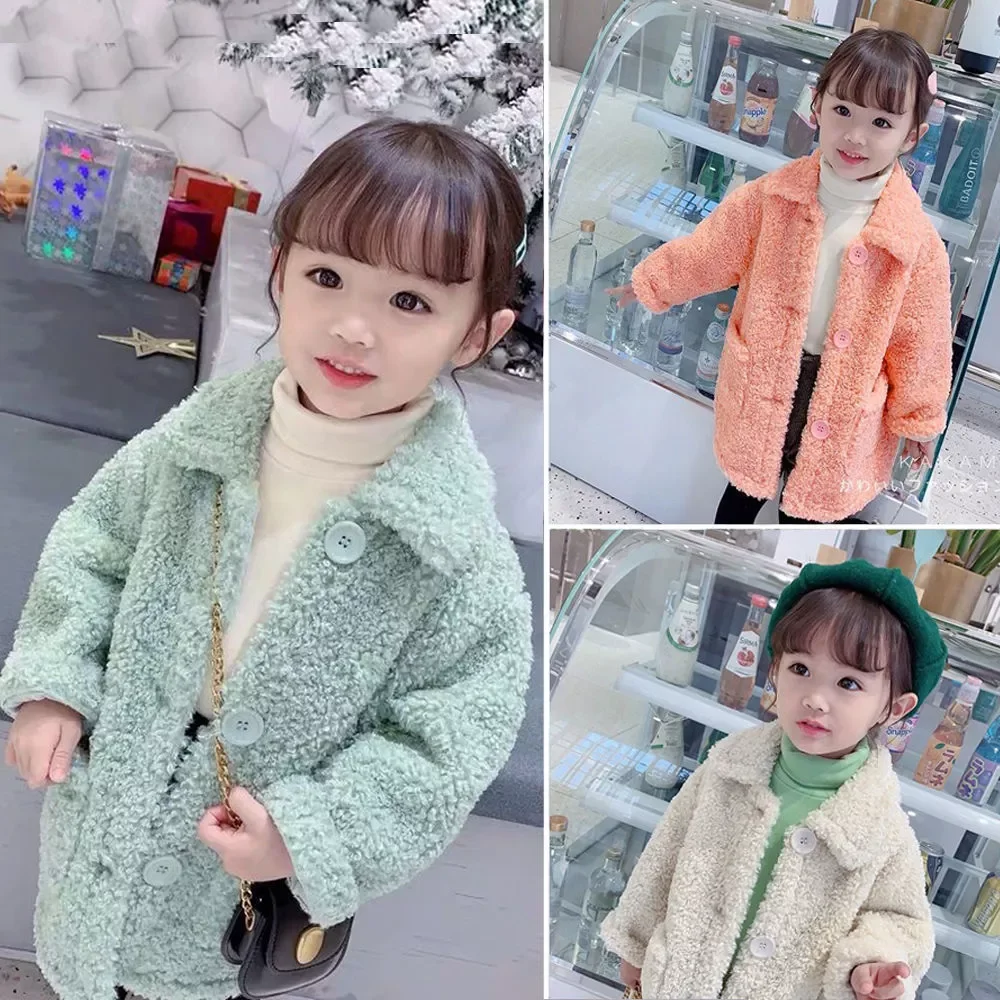 

New Children Lambswool Coat Baby Turndown Collar Thicken Warm Jacket Girls Long Overcoat Winter Kids girls Casual Outwear
