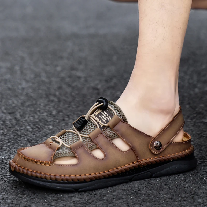 

Сандалии мужские кожаные, дышащие Нескользящие, с мягкой подошвой, удобные уличные кроссовки без шнуровки, для треккинга, пляжа, модные летние