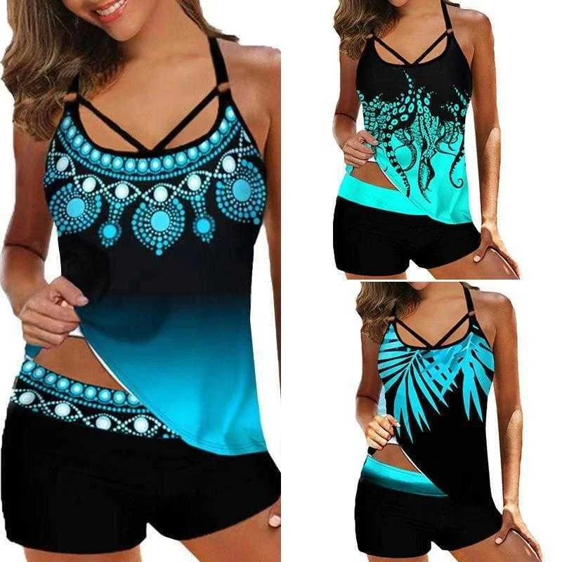 

Женский раздельный купальник на бретельках с принтом Tong, закрывающий живот, тонкие боксеры, спортивное бикини