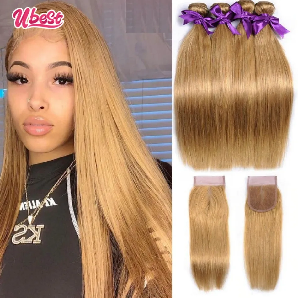 

Ubest Honde Blonde 27# Color Straight With 4x4 Lace Closure Human Hair Bundle With Closure Brazilian Hair Bundles Remy Hair