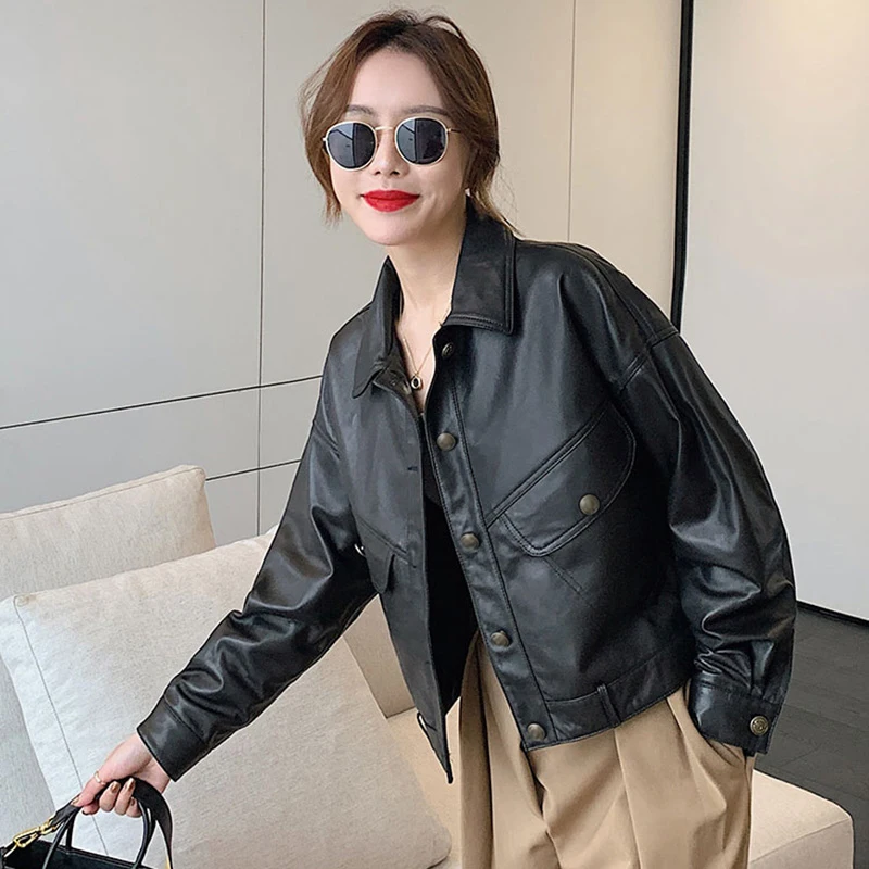 2023 New Lady Leather Jackets Sheepskin Crop Coat Solid Vintage Vegetable Tanned Leather Motorcycle Jacket Streetwear CL4019