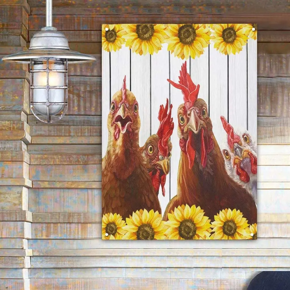 

Rooster Sign Farmhouse Metal Sign,Sunflower Rooster Hen Wall Plaque,Funy Farm Theme Wal Plaque,UV Waterproof Metal Signs for Gar