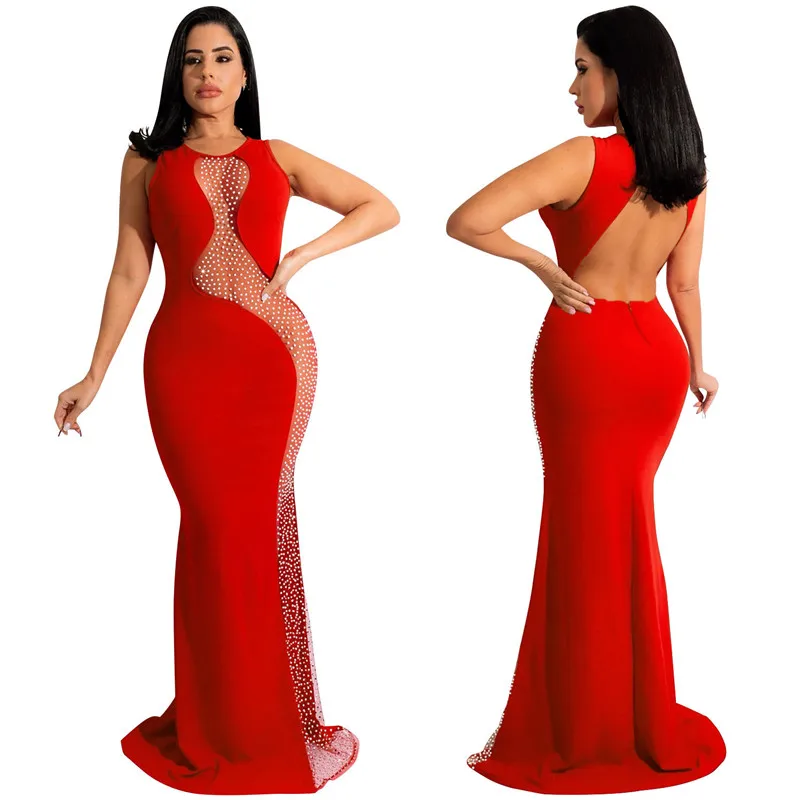 

WUHE Sparkle Off White Mesh Silver Rhinestones Maxi Dress Hollow Out Open Back Birthday Dresses Sexy Party Clubwear