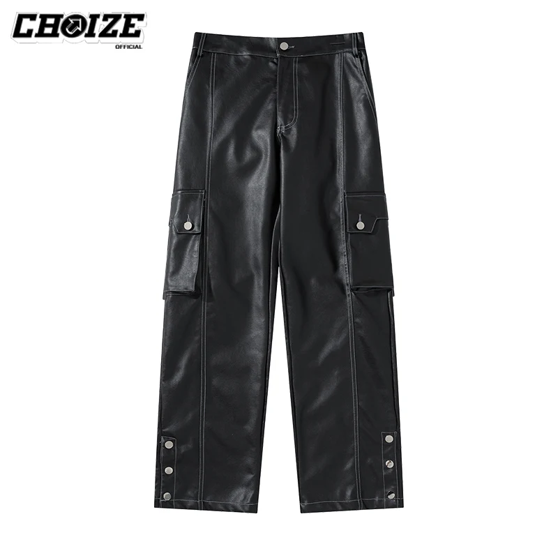 

Модные черные штаны CHOIZE из искусственной кожи, женские прямые брюки, свободные брюки, уличная одежда унисекс, мешковатые мужские брюки-карг...