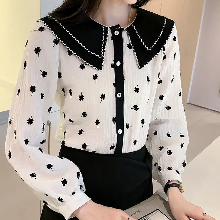 2022 New French Double Collar Chiffon Shirt Women's Loose Western Style Design Loose Doll Collar Shirt Top  Lace