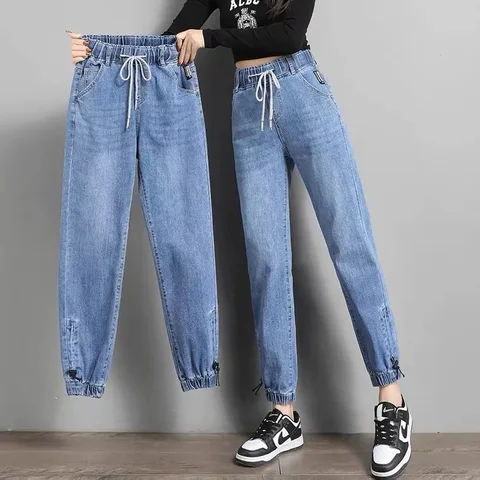 Джинсовые тренировочные штаны до щиколотки, 88-90 см, женские повседневные джинсы на шнуровке с эластичным поясом, корейские шаровары для бега, прямые штаны