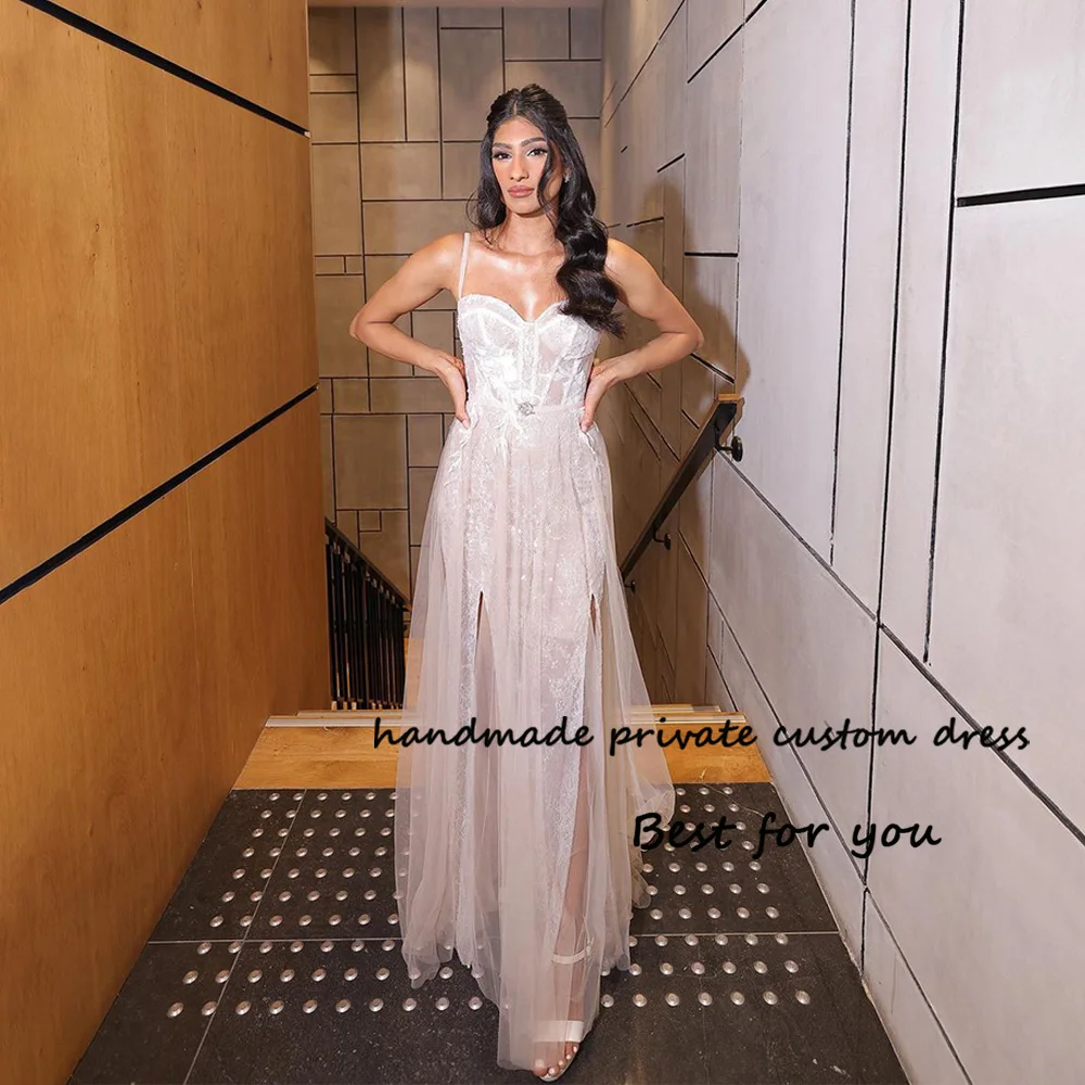 

Luxury Lace Tulle Mermaid Wedding Dresses Spaghetti Straps Double Split Boho Bridal Gowns Long Beach Israel Bride Dress