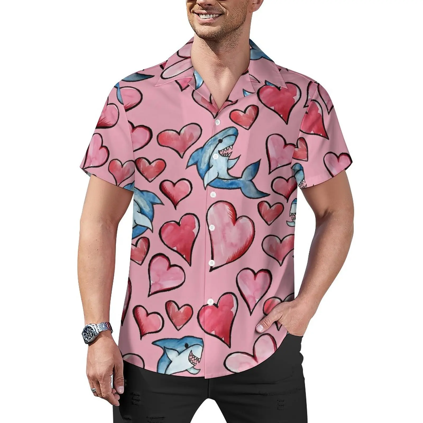 

Shark Lovers Casual Shirt Cute Sharks and Hearts Beach Loose Shirt Summer Streetwear Blouses Short Sleeve Graphic Oversized Tops