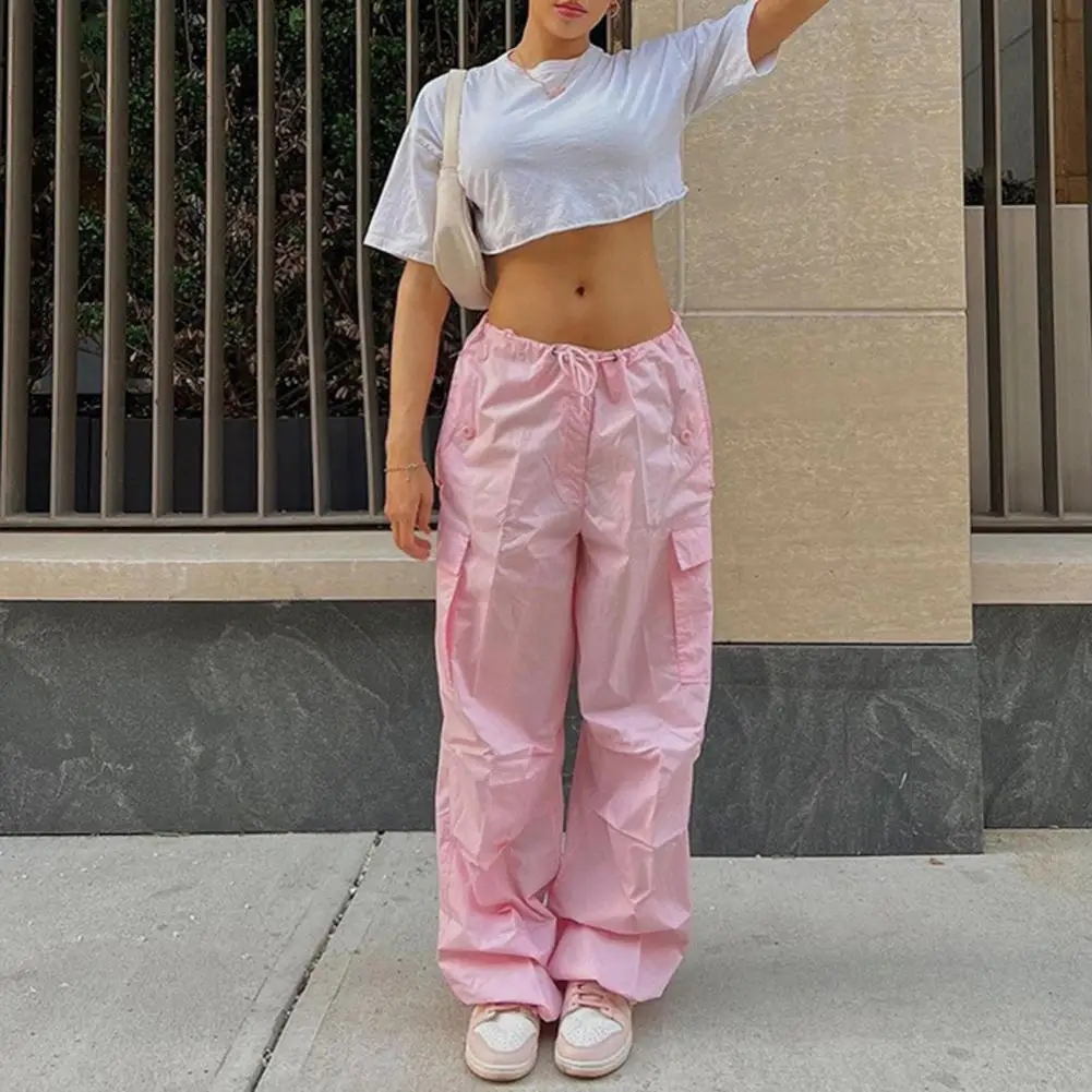 

2022 Solid Loose Drawstring Trousers Low Waist Streetwear Joggers Baggy Wide Leg Sweatpants Hippie Pink Cargo Pants Y2K Clothing