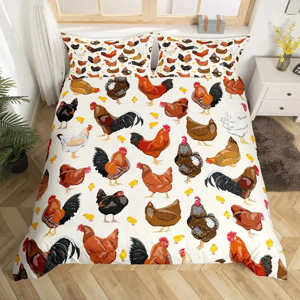 Cute Chicken Duvet Cover King Queen Colorful Rooster Bedding Set Farm Animal Comforter Funny Rustic Farmhouse Quilt