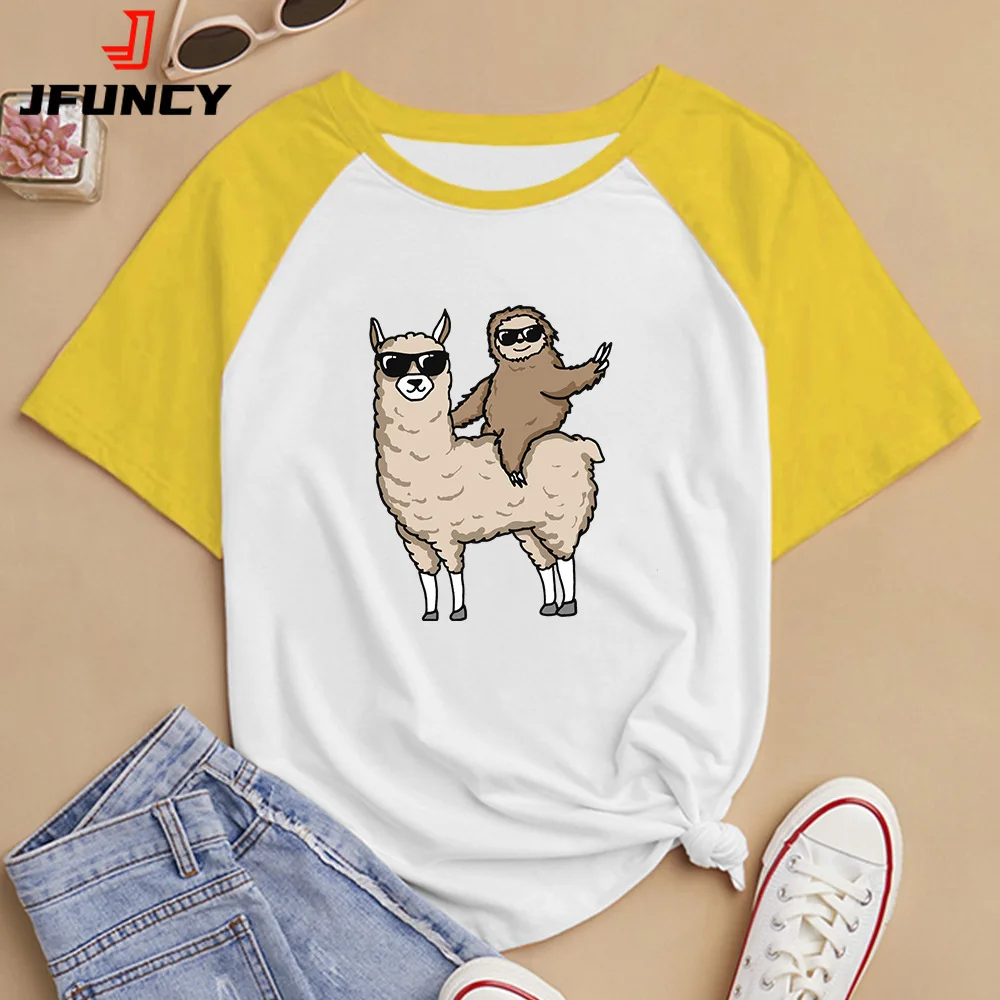 JFUNCY Women's Short Sleeve T-shirt Tops Woman Summer Clothes 2022 Alpaca Sloth Cartoon Printed T Shirt Fashion Female Tshirts