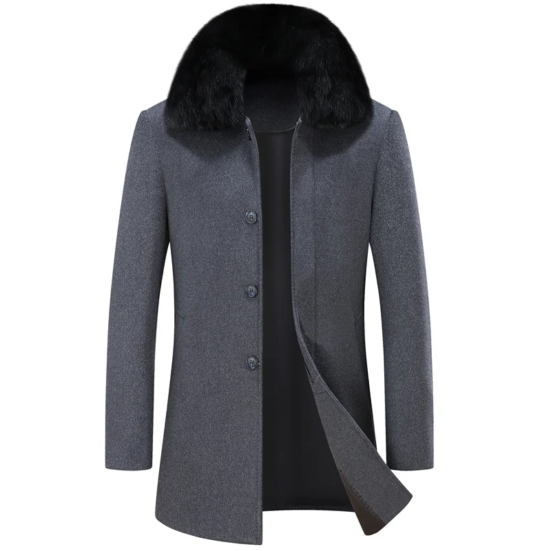 

Color Autumn Winter Solid Men's Woolen Coat Business Casual Detachable Fur Collar Mid-Long Wool Jackets Outwear Thick Warm Tops