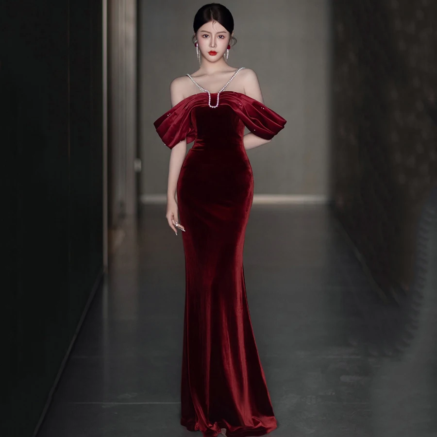 2023 New High End Luxury Wine Red Sexy Backless Evening Long Dress Off The Shoulder Mermaid Bowknot Party Prom Dresses