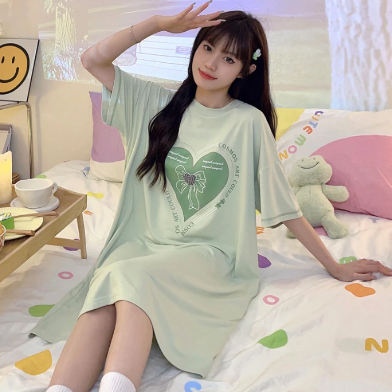 Pajamas Women's Summer Thin Cool Feeling Short-sleeved Cartoon Embroidered Nightgowns Home Service Mid-length Skirt Sleepwear