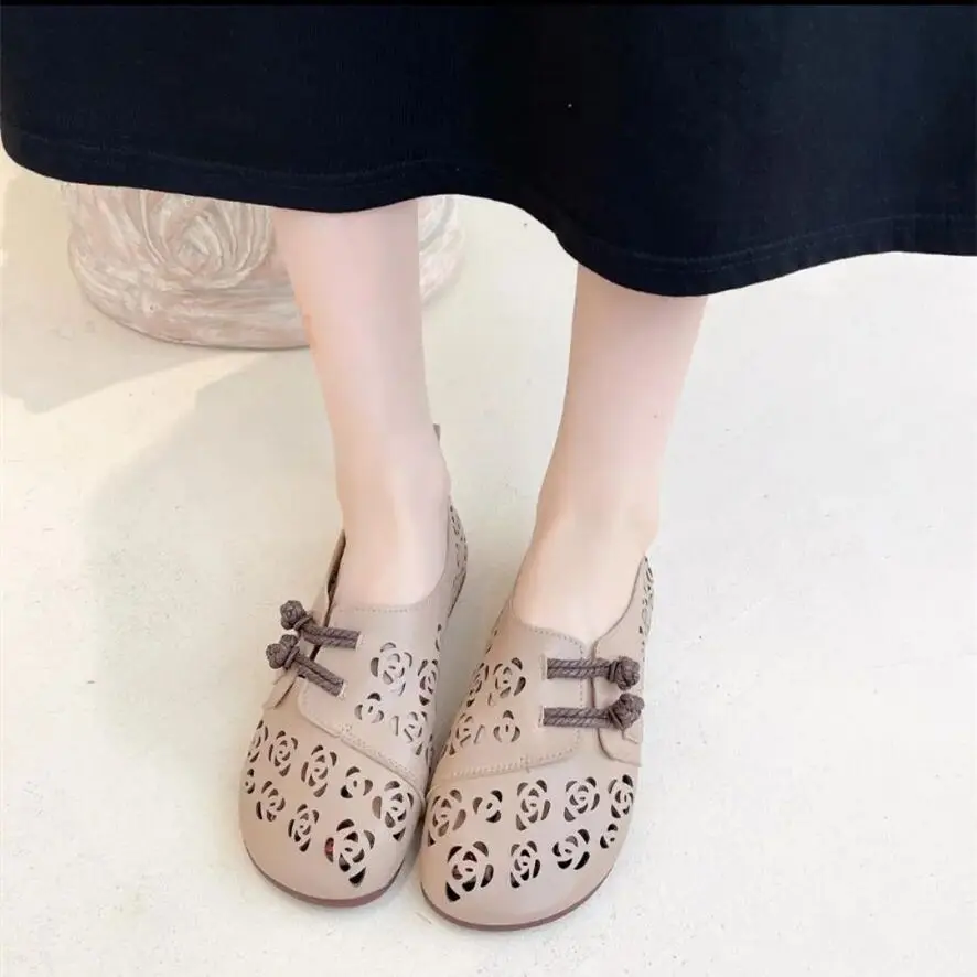 elegant flat shoes women's summer cutout loafers ladies leather moccasins woman slip ons mother green flats shoes free shipping