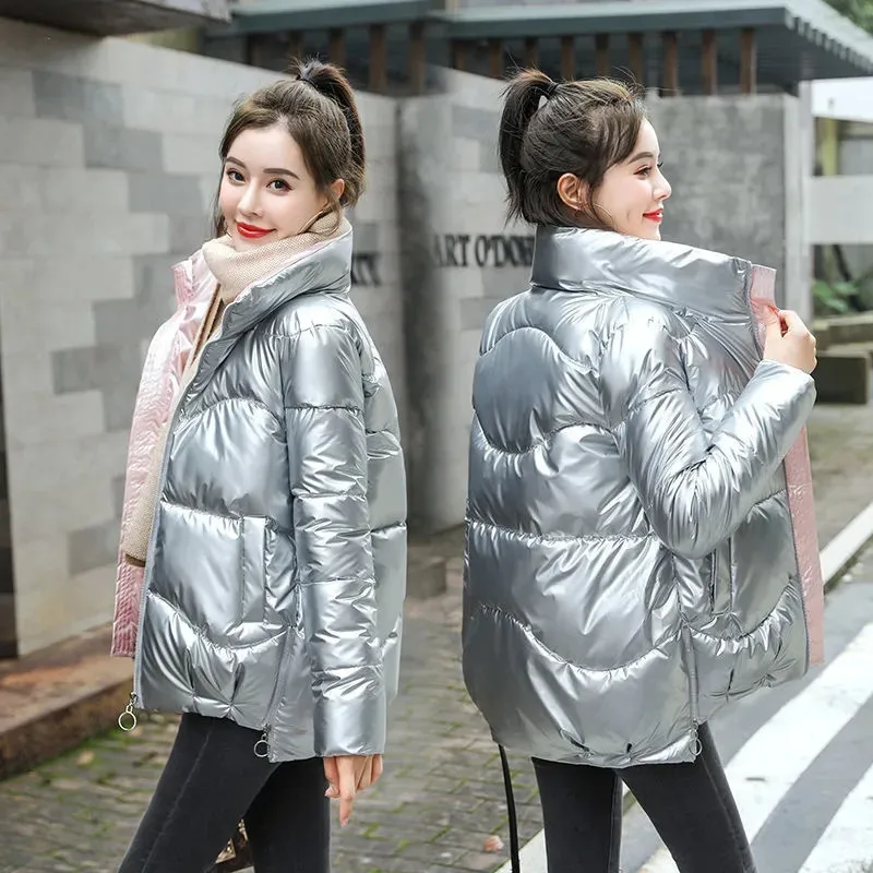 2021 New Women's Winter Jacket Glossy Parka Stand Callor Down Cotton Jacket Warm Casual Cotton Padded Parkas Snow Wear Coat