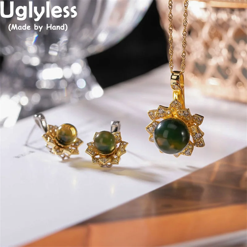 

Uglyless Shinning Crystals Sun Flower Jewelry Set for Women Nature Amber Blue Perot Earrings Pendants Necklaces+Chain 925 Silver